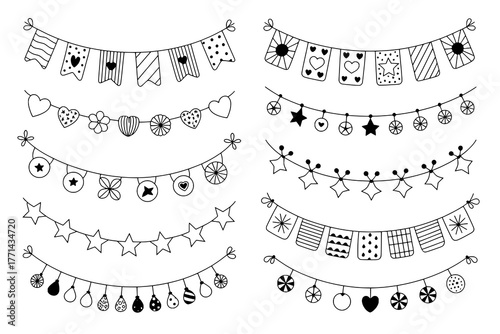 Doodle Style Black and White Garlands Collection with Pennants, Hearts, Stars, and Ornaments