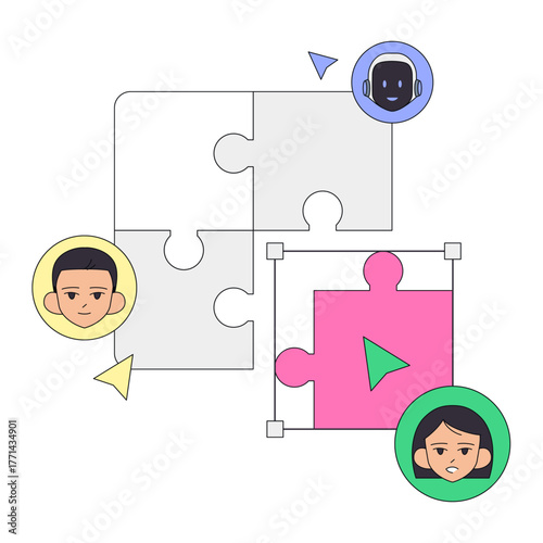 People and AI assistant avatars with puzzle pieces, Human-AI collaboration and teamwork