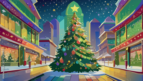 Christmas tree decorating city street at night