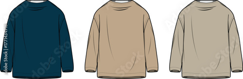 Three Turtleneck Sweaters in Various Colors Navy, Beige, and Light Brown