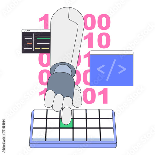 Robot hand typing on keyboard, AI powered software engineering automation
