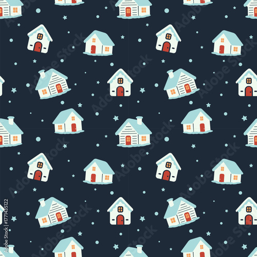 Midnight Christmas Seamless Pattern: Snowy Cozy Cabin and Small Houses. Dark Blue Flat Design Vector for Winter Fabric, Festive Background, and Wrapping Paper.