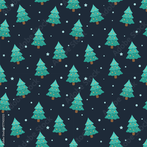 Midnight Christmas Seamless Pattern: Simple Pine Tree with Gold Lights and Stars. Dark Blue Flat Design Vector for Holiday Fabric and Festive Background.