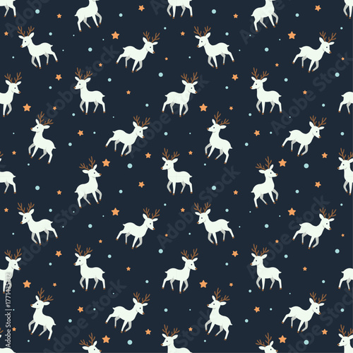 Midnight Christmas Seamless Pattern: Simple Reindeer with Snow and Stars. Navy Blue Flat Design Vector for Holiday Fabric, Festive Background, and Wrapping Paper.