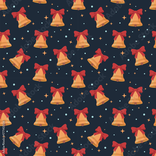 Midnight Christmas Seamless Pattern: Golden Jingle Bells with Ribbons and Sparkles. Navy Blue Flat Design Vector for Holiday Fabric, Festive Background, and Wallpaper.
