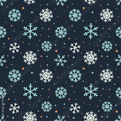 Midnight Christmas Seamless Pattern: Fine Snowfall and Starry Night Sky Texture. Dark Blue Flat Design Vector for Winter Background, Fabric, and Wallpaper.