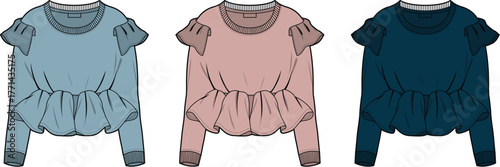 Set of women's long sleeve sweatshirt technical fashion flat sketches with shoulder ruffles and peplum waist, vector illustration template