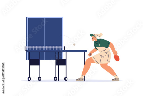Woman playing ping pong, table tennis. Self-training, exercising. Sport game with racket, ball, rebound wall. Female athlete practicing alone. Flat vector illustration isolated on white background