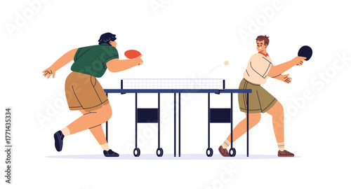 Playing ping-pong at table. Men players, sport game with ball and rackets. Pingpong contest, small tennis match, tournement, training activity. Flat vector illustration isolated on white background