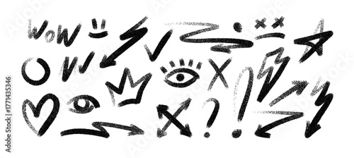 Abstract graphic elements with paint, marker, and crayon strokes form a playful street-style design. Scribbles, drips, and lightning icons bring energy, while texture and splatter add artistic chaos