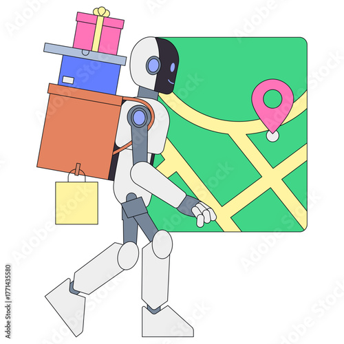 AI logistics robot with mapped delivery route, Smart delivery assistant using GPS tracking, Autonomous humanoid robot handling package logistics