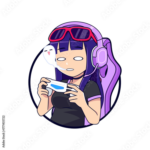 Gamer girl defeated expressions sticker gaming mascot logo illustration