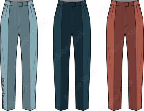 Stylish high-waisted pleated women's trousers, presented as detailed fashion illustrations in a versatile palette of colors, ideal for apparel design concepts and wardrobe planning