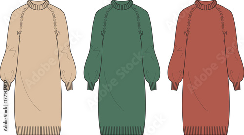 Fashionable Dress Designs A Trio of Stylish Sweater Dress Illustrations in Various Colors for Apparel Design