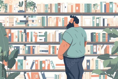 overweight man in bookstore