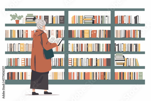 old woman in bookstore