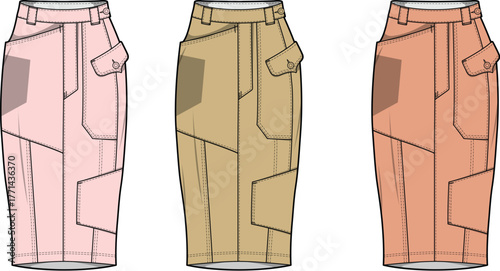 Vector illustration set of women's cargo midi skirts in different colors. Technical fashion flat sketch for apparel design and clothing mock-ups