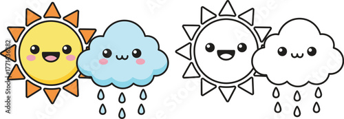 Cute Cartoon Sun and Rainy Cloud - Adorable Weather Characters for Forecasts and Seasons
