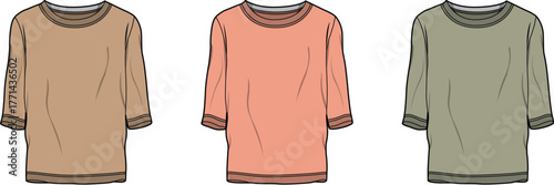 A collection of women's basic three-quarter sleeve crewneck t-shirt tops. Fashion flat vector illustration template for apparel design and mock-ups
