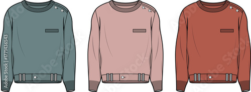 Versatile women's short-sleeved blouse fashion illustration. Features three color variations of a collared top with front pockets, designed for stylish and comfortable everyday wear