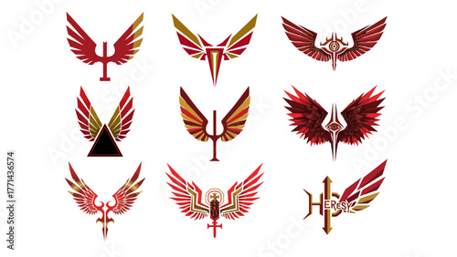 Red and gold heresy icon vector featuring dramatic winged cross and eye symbols, blending divine and rebellious elements for fantasy, mythology, or gothic religion logo art.
