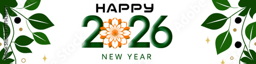 A celebratory image featuring "2026 New Year" in green with an orange floral design, framed by botanical leaves and golden accents against  transparent background , perfect for holiday greetings.