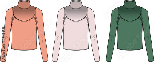 Set of women's long sleeve turtleneck tops with yoke detail. Fashion technical flat sketch vector illustration of modern basic apparel