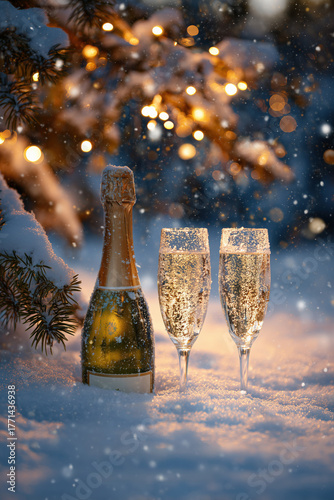celebrate 2026 glasses of champagne with bottle in the snow at winter evening, branches, bokeh lights, new years day eve, silvester, portrait format, photorealistic