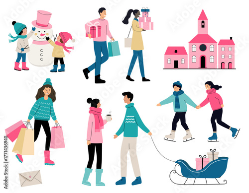 Holiday season flat illustration. Christmas people in winter clothes with gifts, packages, cozy houses. Minimal style.
