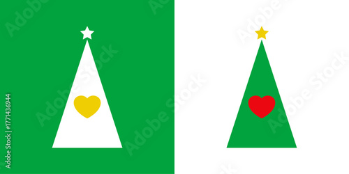 Logo con árbol de navidad con forma de triángulo con corazón y estrella para tarjetas y felicitaciones de Navidad