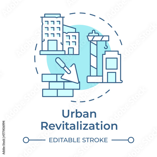 Urban revitalization soft blue concept icon. Renewing and improving neglected urban areas. City planning type. Round shape line illustration. Abstract idea. Graphic design. Easy to use in booklet
