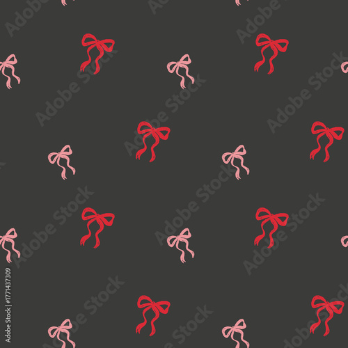 Seamless pattern with cute red and pink bows. Crayon style. Festive dark background
