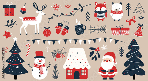 Merry Christmas with Santa, deer, houses, snowman. Simple christmas set. Minimal winter illustrations. Flat festive design.
