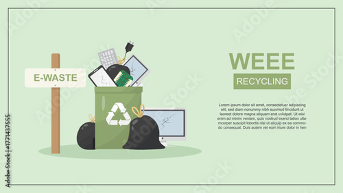 WEEE Recycling Concept. Recycling bin with discarded electronics and e-waste, perfect for awareness, campaigns, banners about WEEE recycling. Recycling electronics devices. Vector illustration