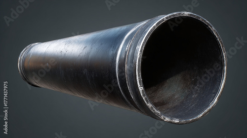 A close-up shot of a section of a cylindrical pipe against a solid background. The pipe has a dark color, a hollow interior, and a slight metallic sheen