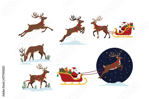Reindeer christmas sleigh santa claus holiday celebration vector