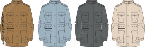 Collection of four stylish military-inspired jackets in different colors, showcasing unique designs and versatile fashion options