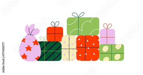 Gifts, present boxes pile, stack. Festive holiday surprise packages in paper wrapping, bow decoration. Many wrapped giftboxes heap for party. Flat vector illustration isolated on white background