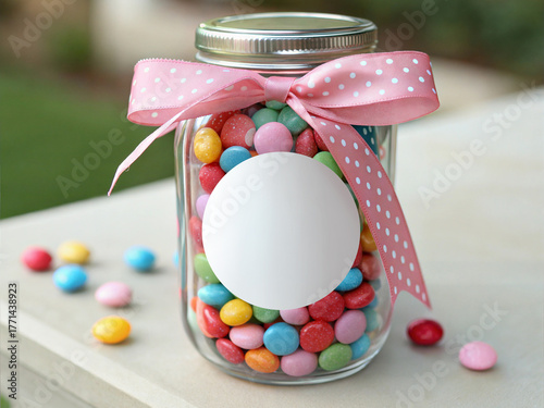 Candy Jar Mockup with Polka Dot Ribbon and Round Label