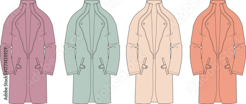 Technical flat fashion sketch set of a women's trench coat in four pastel colors. Vector template for apparel design and clothing manufacturing