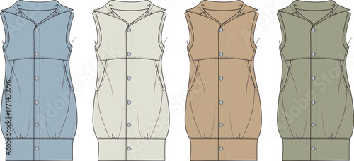 Technical flat fashion illustration of a versatile hooded sleeveless vest dress, presented in multiple colorways for apparel design, seasonal collections, and clothing development projects