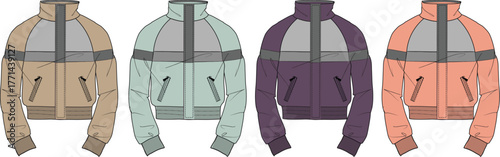 Set of four cropped bomber jackets in different colorways, featuring stripe details on the chest and ribbed cuffs and hem