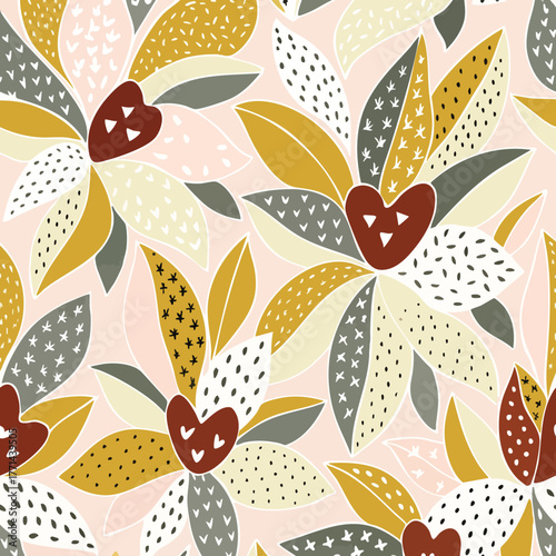 Fall in love with this modern folk art floral. Stylized blooms with heart centers and intricate textures dance in a warm, earthy palette. A truly unique and romantic pattern for your designs.