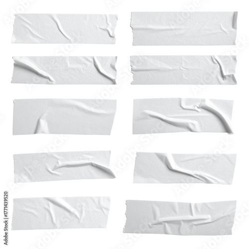 Adhesive Tape Collection: A detailed array of rectangular adhesive tape strips, artfully wrinkled and arranged to showcase texture and visual interest, perfect for graphic design.