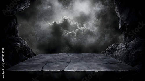 An abstract white bokeh lights effect background and a gradient gray background surround an empty, dark gray room.