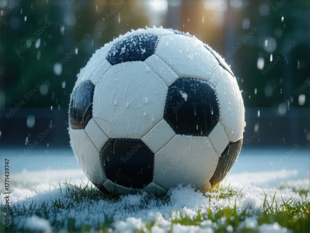 Fototapeta premium Close-Up of a Wet Soccer Ball on Snowy Grass Field During Winter Rain