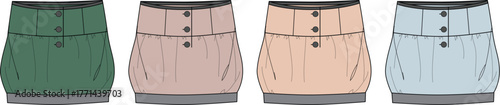 Fashion Design Sketch Collection of Stylish Gathered-Waist Women's Skirts in Various Colors for Apparel Design
