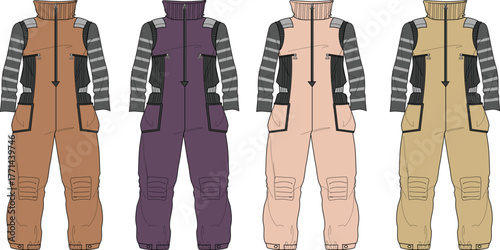 Set of futuristic workwear jumpsuits in various colors. Science fiction uniform concept art illustration for character design