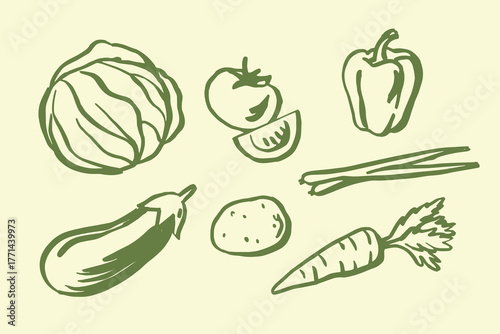 vegetables doodle sketch set hand drawn line food ingredients vector illustration