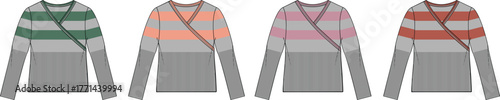 Set of women's long sleeve wrap top fashion flat sketches. Vector technical drawing of a striped crossover design in multiple color options for apparel
